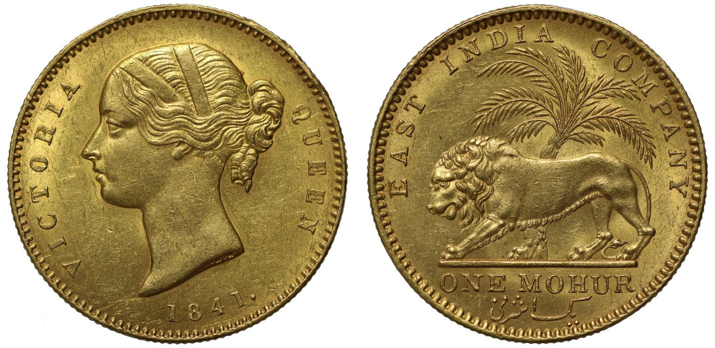 India, gold Mohur, 1841C, MS62.