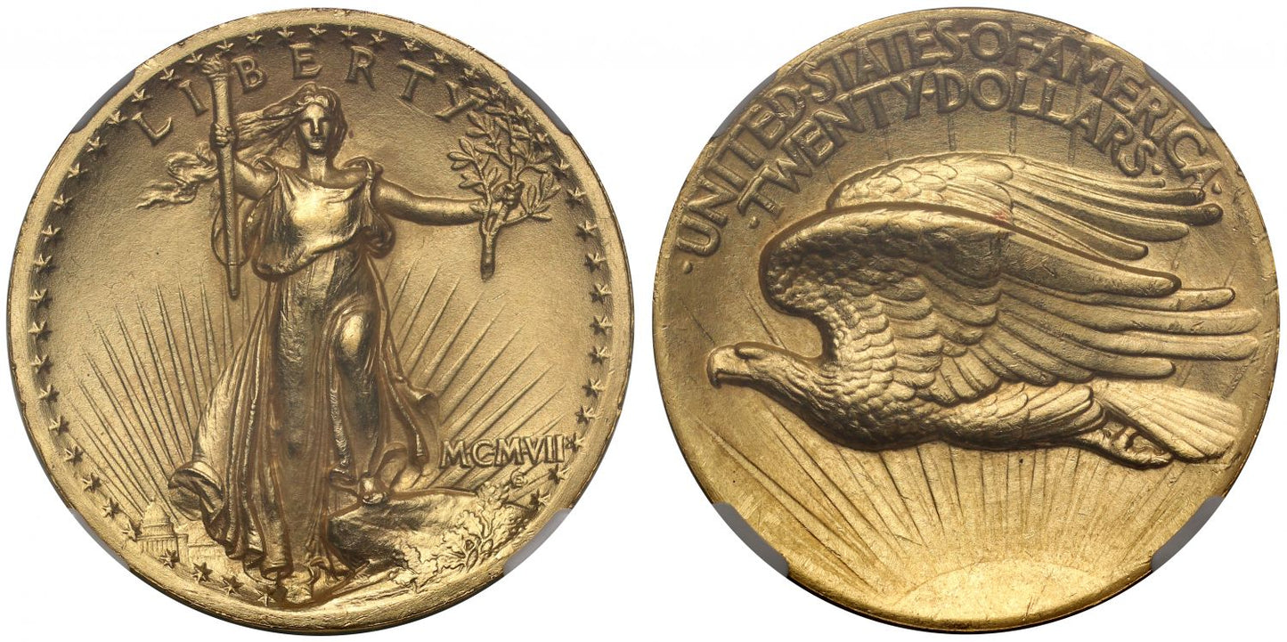 USA, 1907 gold $20 High Relief, Wire Rim MS63