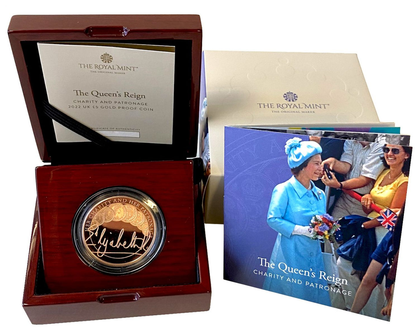 * Elizabeth II 2022 gold proof Five-Pounds Queen's Reign Charity and Patronage