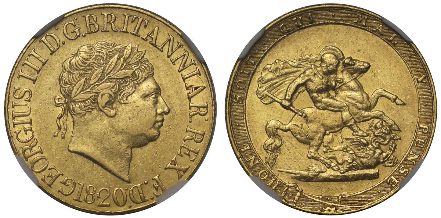 George III 1820 Sovereign, open 2, AU53, final date