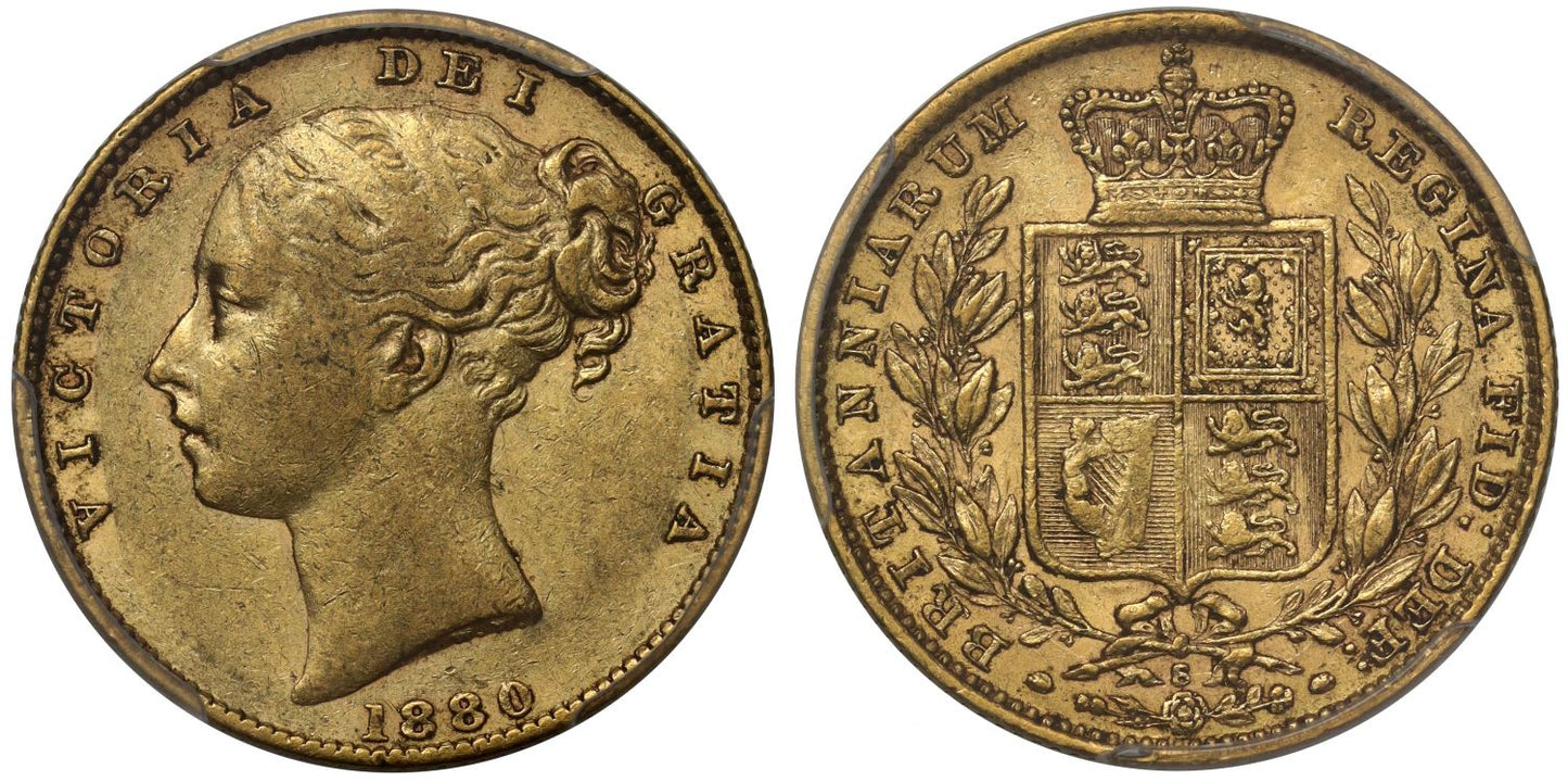 Victoria 1880-S shield Sovereign, inverted A for V in VICTORIA XF40