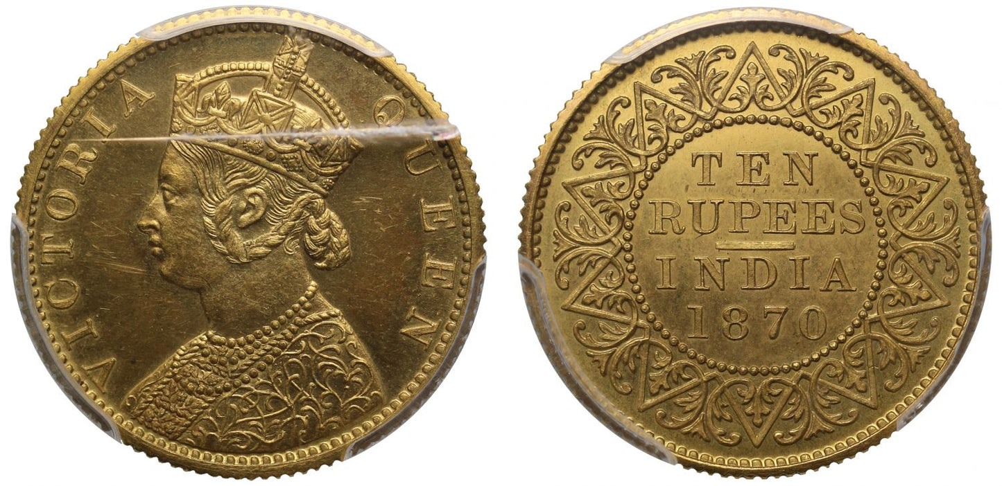 PCGS PR64+ | British India, Victoria, restrike proof 10-Rupees, 1870.