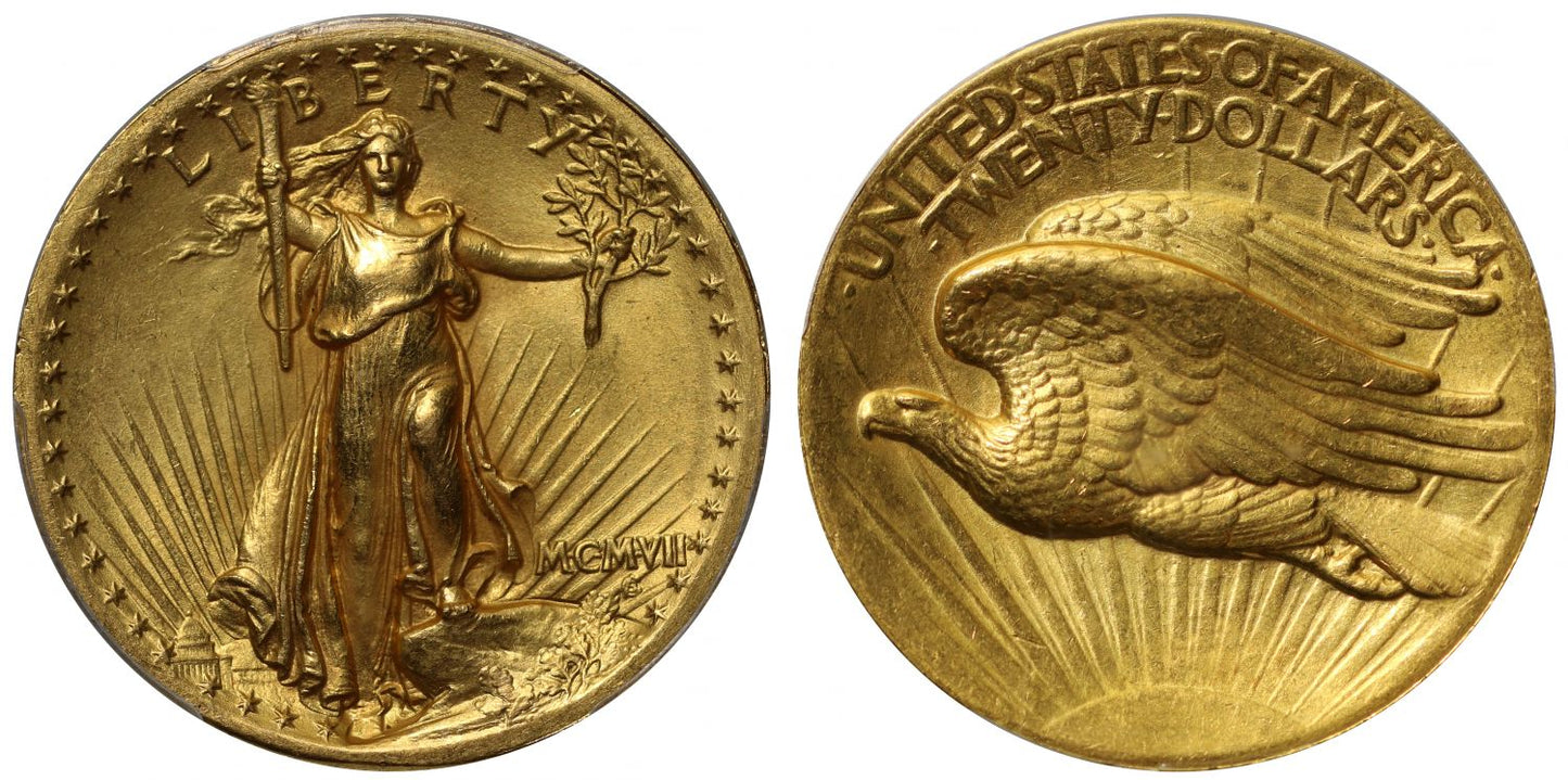 USA, 1907 gold $20 High Relief, Wire Rim MS62