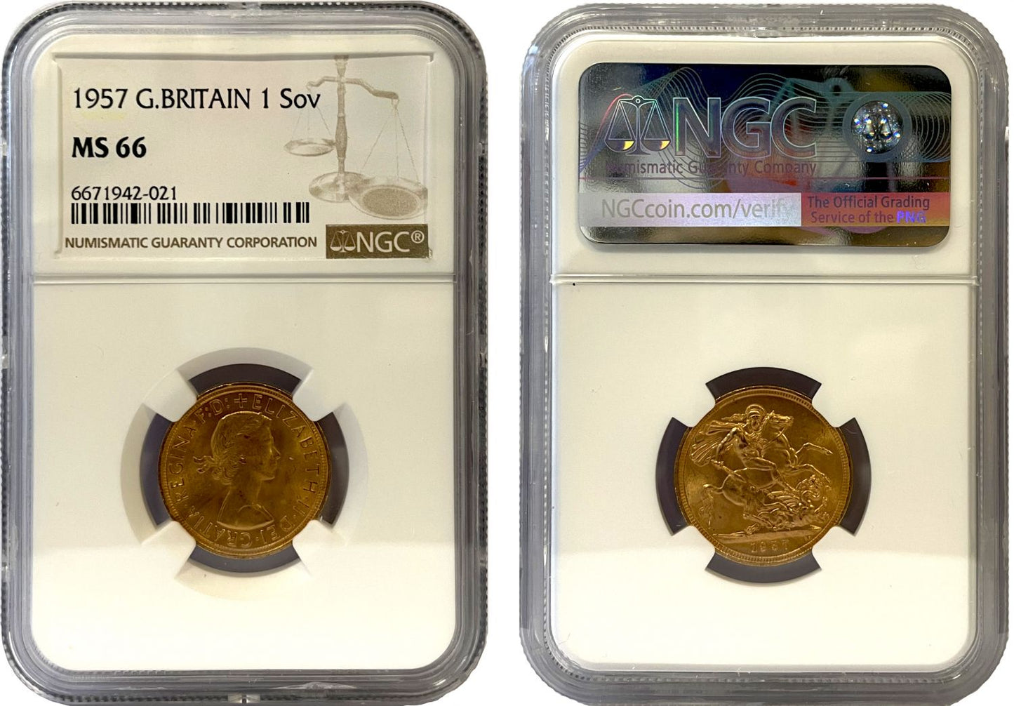 Elizabeth II 1957 Gillick Sovereign MS66, First Currency Sovereign