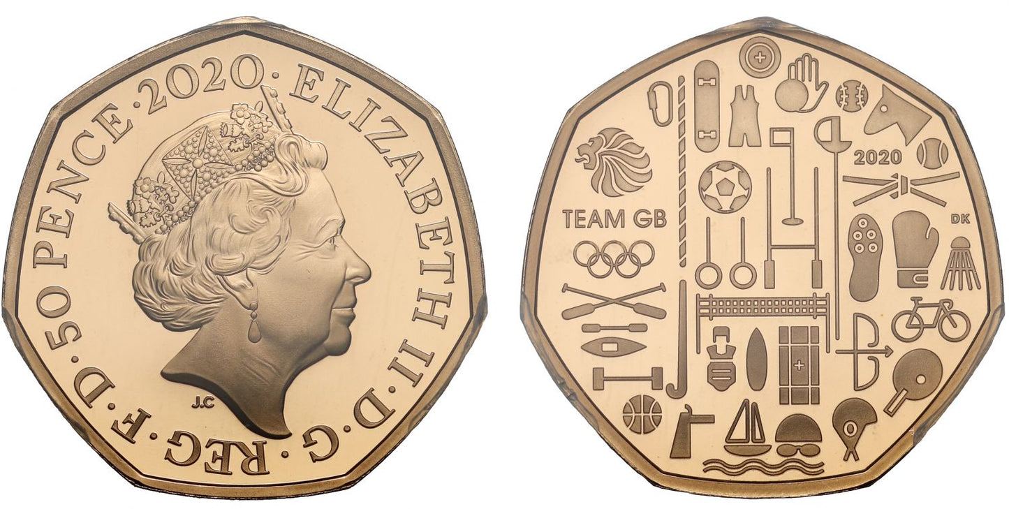 Elizabeth II 2020 gold PR70 DCAM 50p Tokyo Olympic coin, Extremely Rare