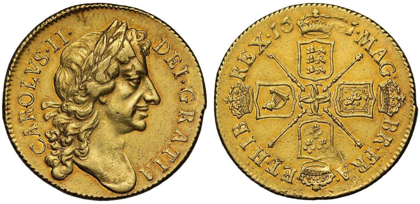 Charles II 1681 Two-Guineas with rotational reverse double strike