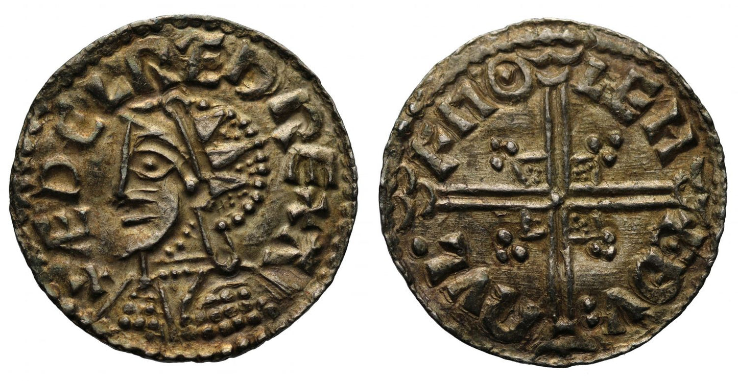 Aethelred II, Penny, helmet type, Leicester Mint, moneyer Thurulf, bold style