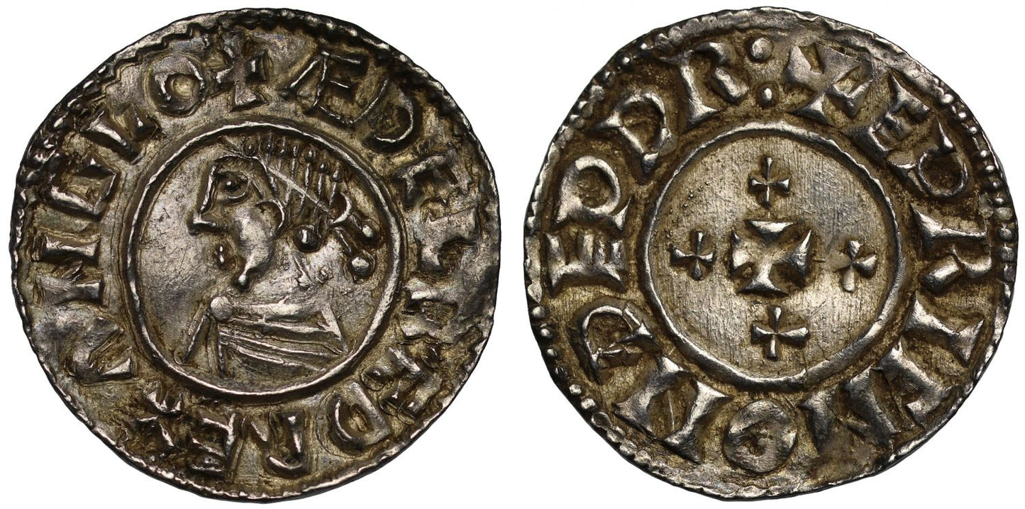 Aethelred II Penny, Last small cross type, four extra crosses, Thetford, Eadric, ex Cambridge Hoard and English Doctor