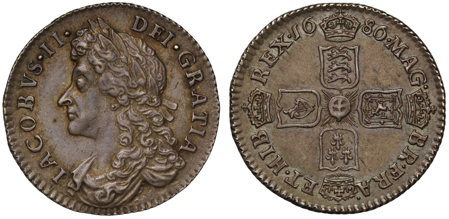 James II 1686 Sixpence, first 6 over a lower 6 and 8 over 6, rare, ex Bole