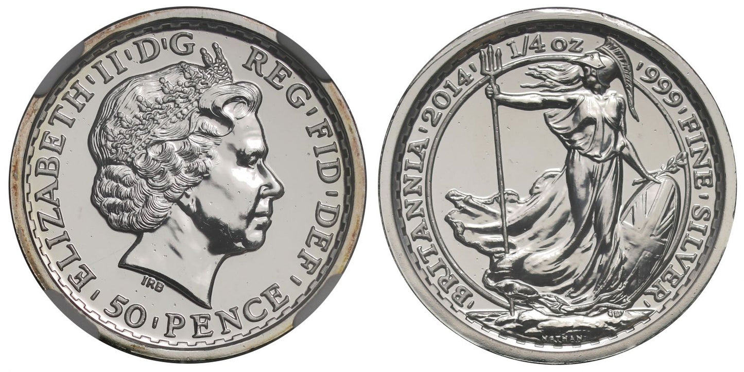 * QEII 2014 silver 1/4oz Britannia MS69 DPL made from SS Gairsoppa shipwreck