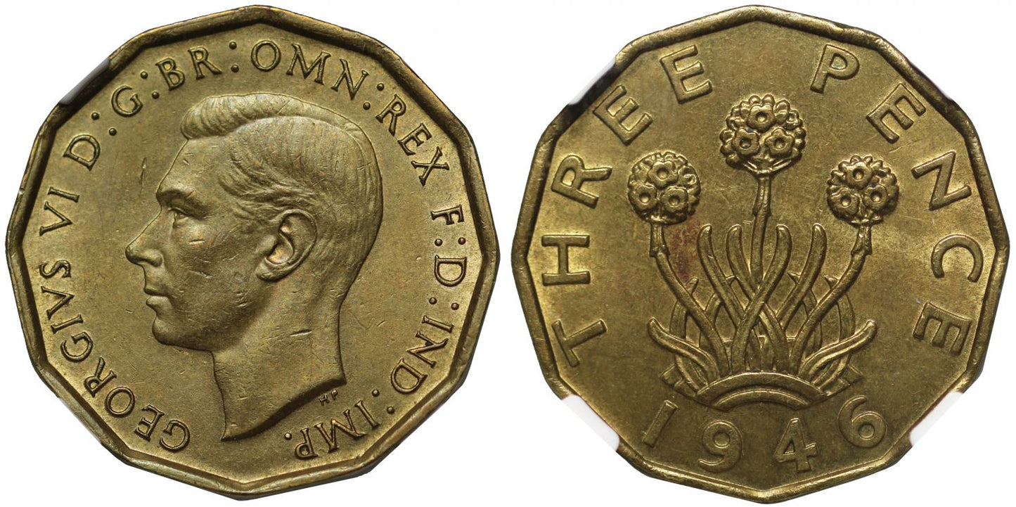 George VI 1946 Brass Threepence, rare date, MS62