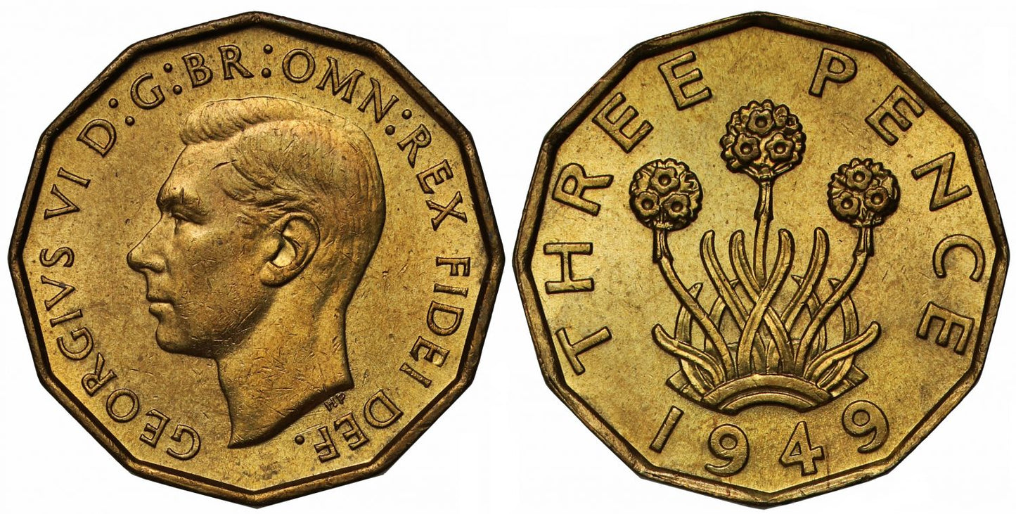 George VI 1949 brass Threepence MS64 second highest graded, rarest date