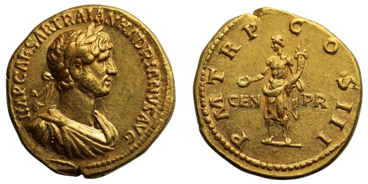 Hadrian, gold Aureus, Rome, Ch XF 5/5 4/5 "fine style"