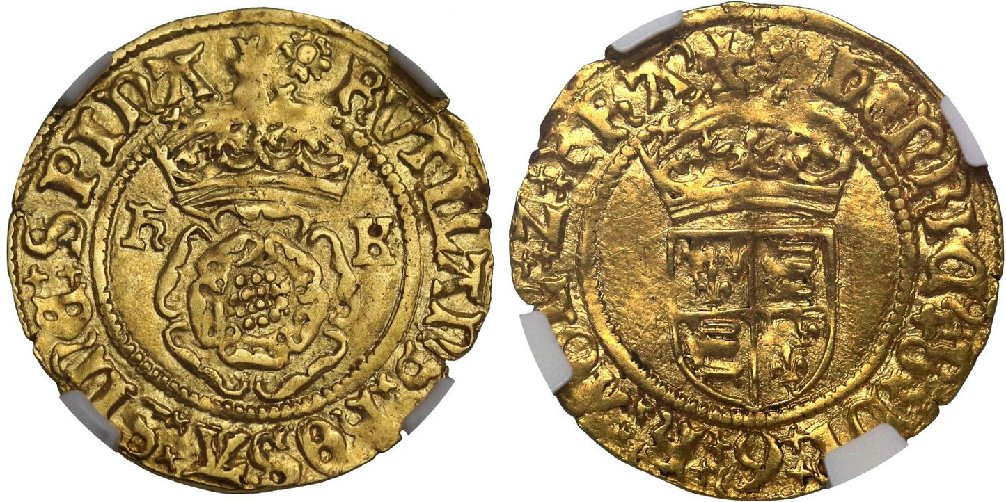 Henry VIII gold Halfcrown AU58, transposed legends h K for Katherine of Aragon