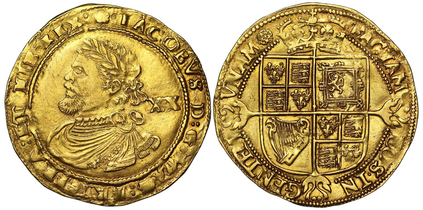 James I gold Laurel, mm rose, error variety with inverted lions in shield