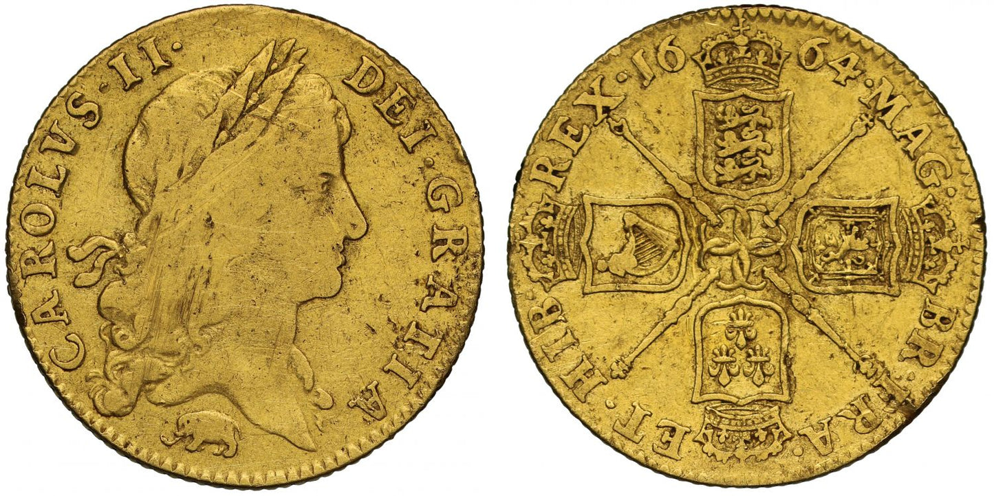 Charles II 1664 Guinea elephant below, second bust