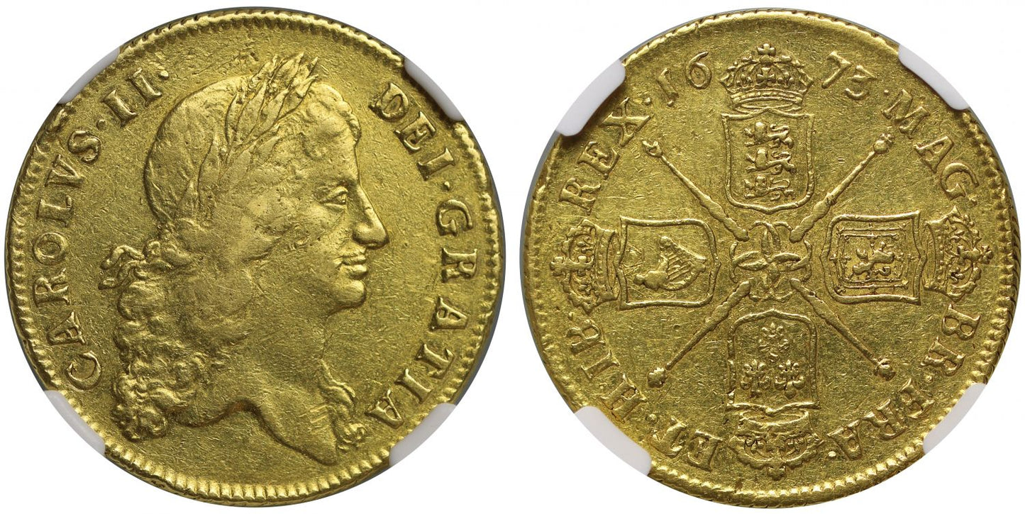 Charles II 1673 Two-Guineas XF40, last issue of first bust, unique date