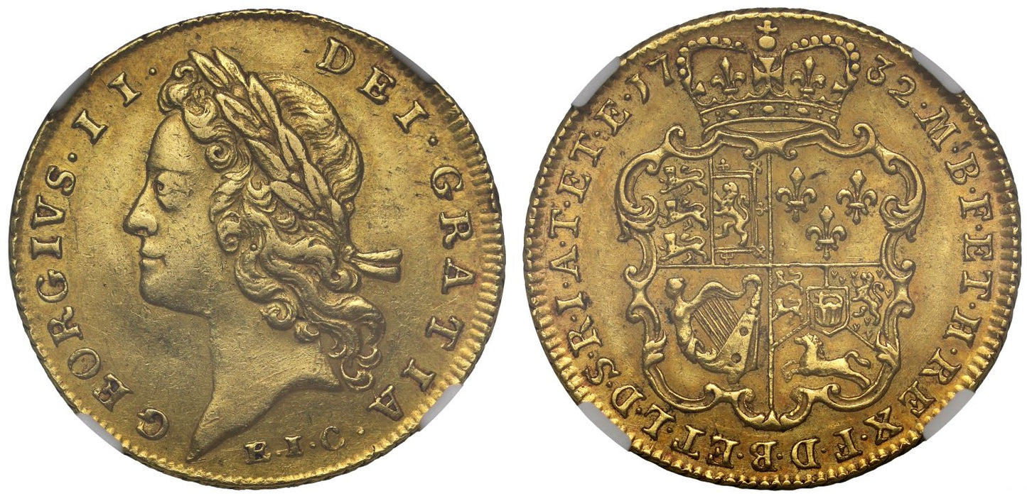 George II 1732 EIC Guinea AU58, East India Company gold issue, small letters