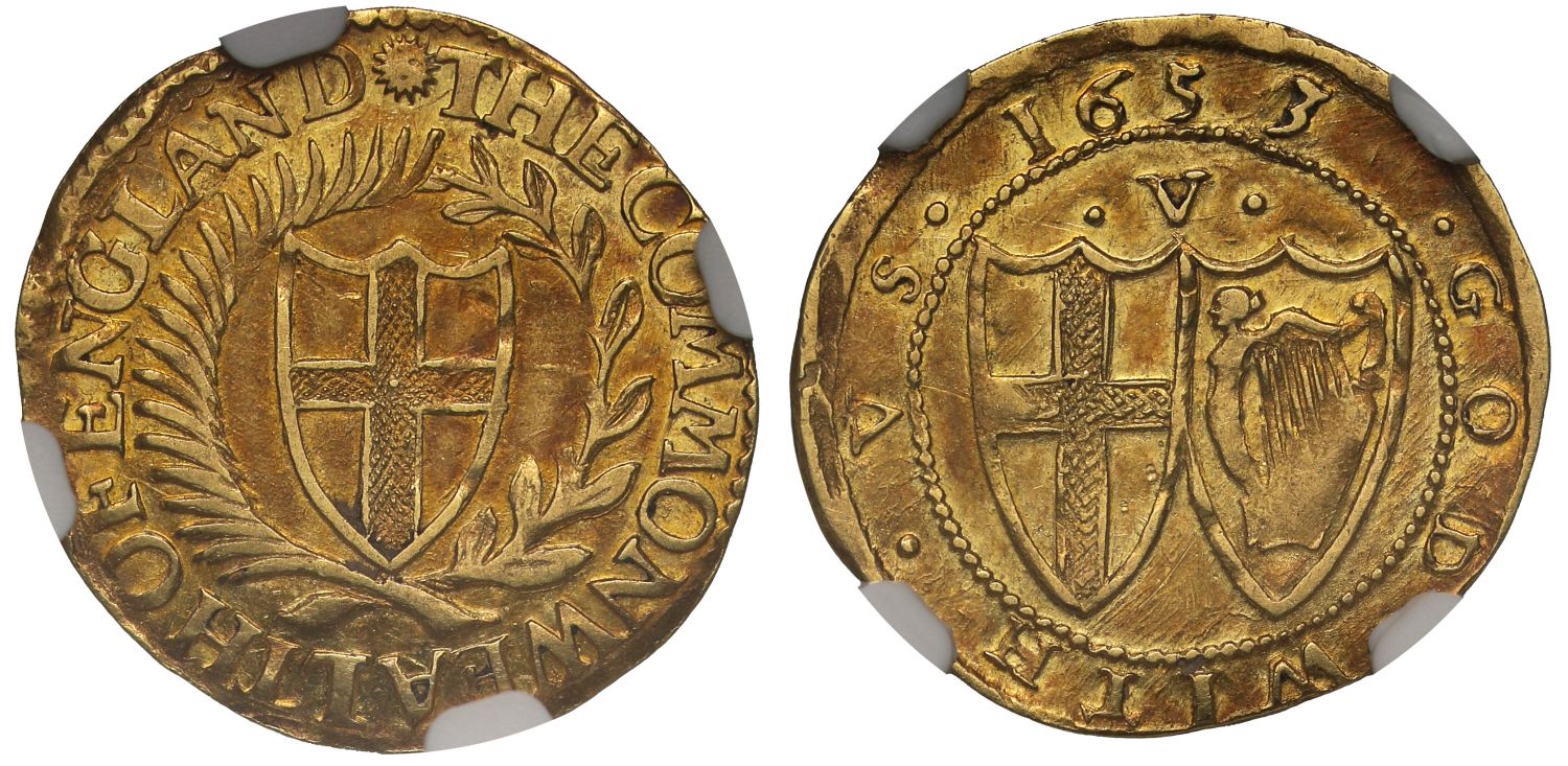 Commonwealth 1653 gold Crown, 3 over 2 in date, NGC AU55