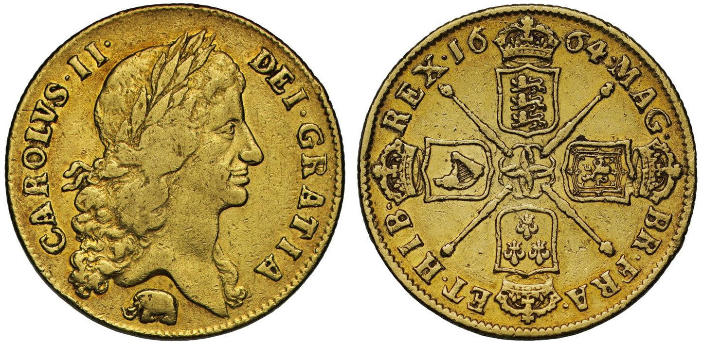 Charles II 1664 Two-Guineas elephant below for Africa Company gold