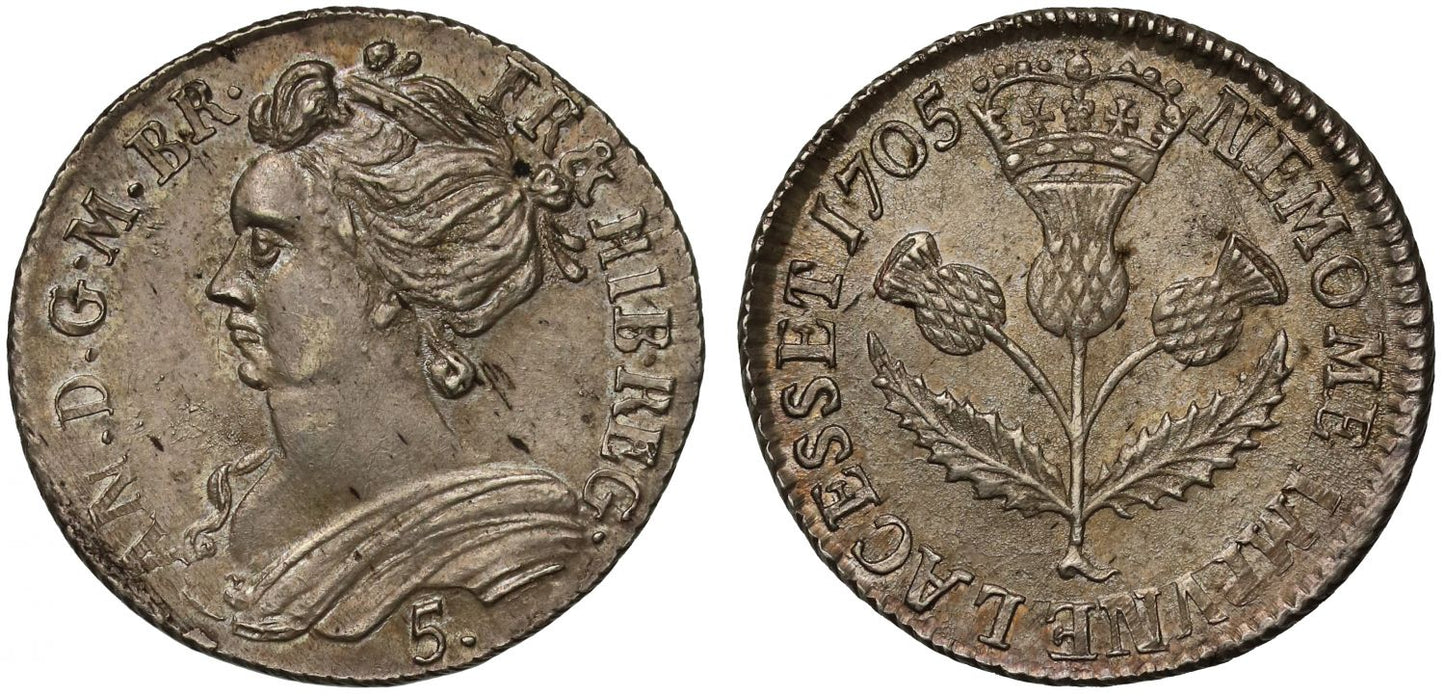 Scotland, Anne 1705 Five-Shillings MS63 the Finest graded