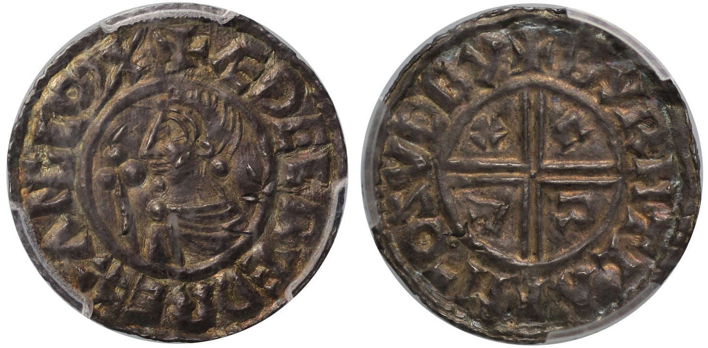 Aethelred II Penny, CRVX type, Southwark, Byrhtlaf, UNC details "peck marks", ex Duke of Argyll, Stack and Salton