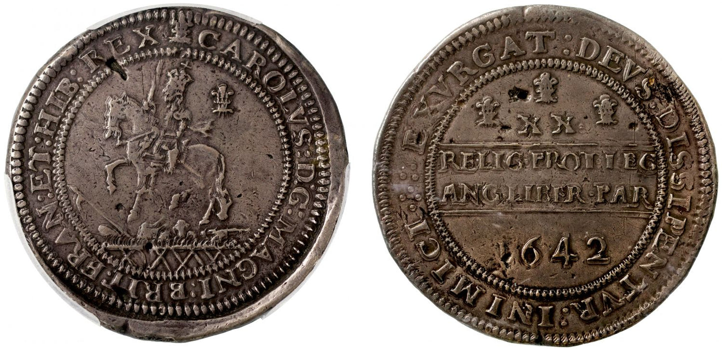 Charles I 1642 Pound, Oxford, XF40, Chequered Exergue variety