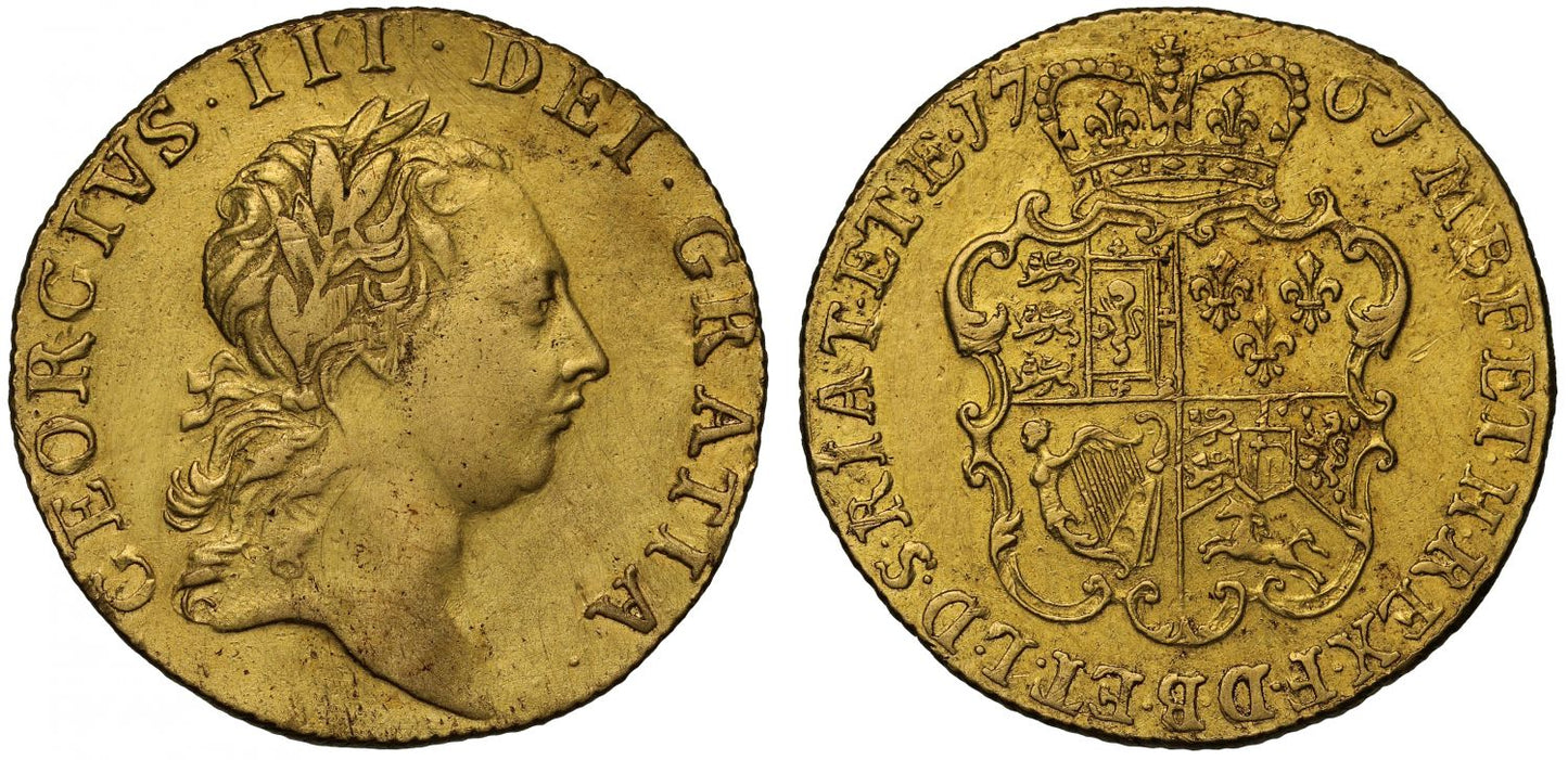 George III 1761 Guinea, first bust, three leaves at top of wreath, extremely rare