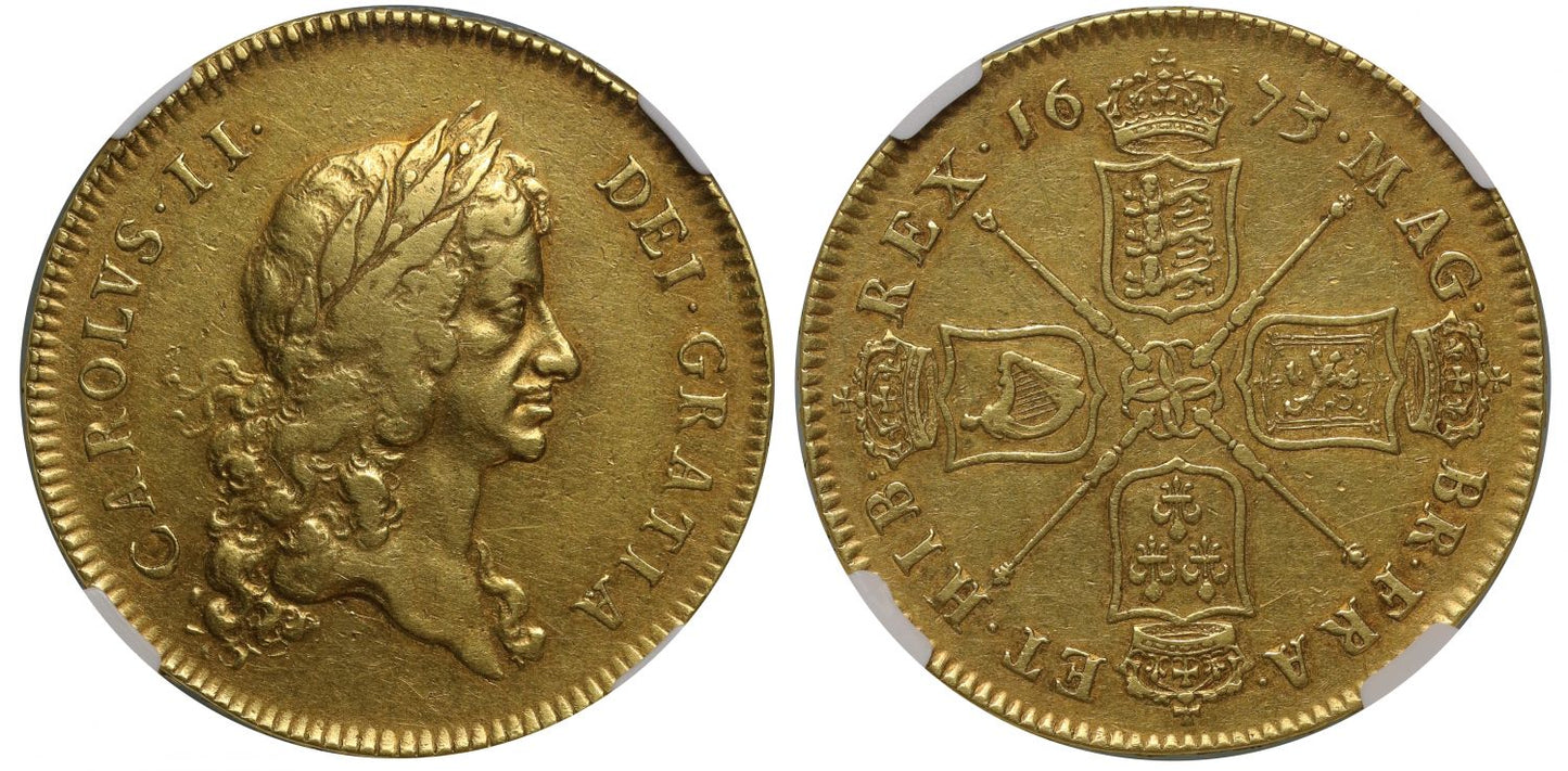 Charles II 1673 Five-Guineas, first bust, QVINTO edge year, NGC XF40