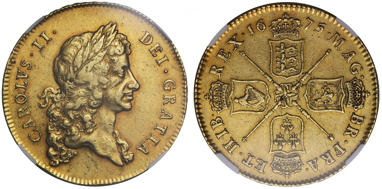Charles II 1675 Five-Guinea, first bust, extremely rare date NGC XF45