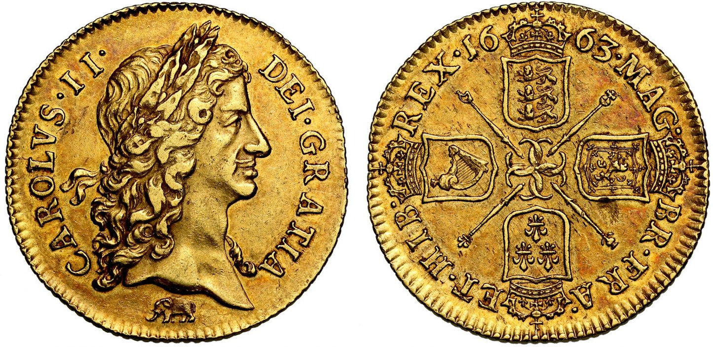 Charles II 1663 Guinea first Bust with Elephant AU58, struck en medaille
