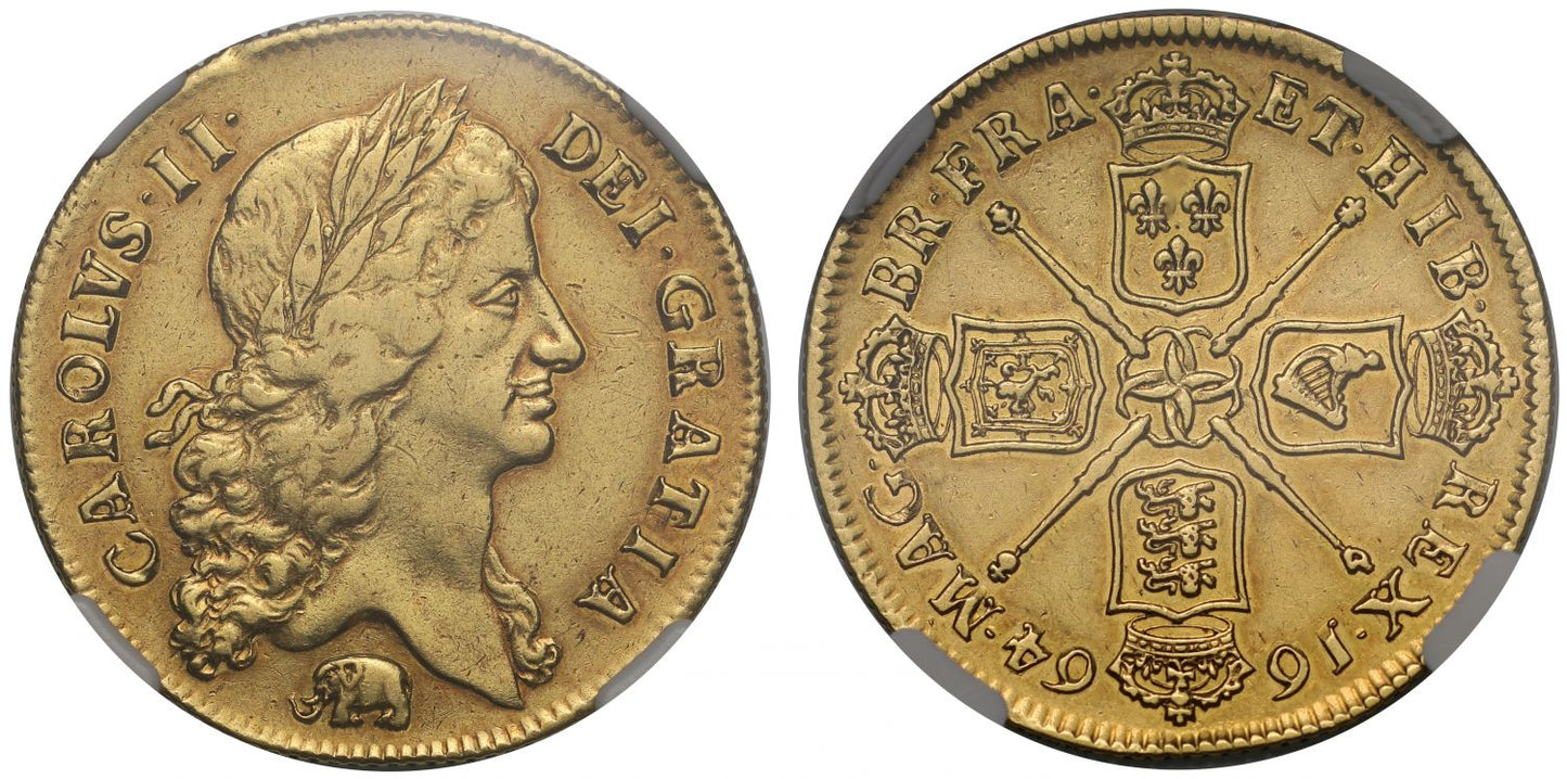 Charles II 1664 Two-Guineas elephant below bust, NGC XF45