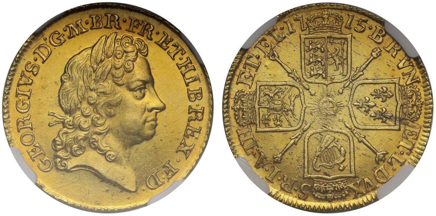 George I 1715 Guinea, third head MS64, high grade