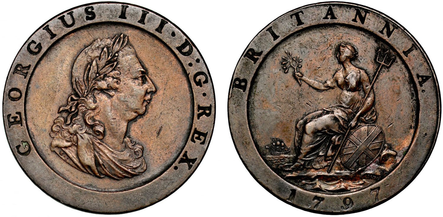 George III 1797 "cartwheel" Penny, with ten leaf wreath to obverse