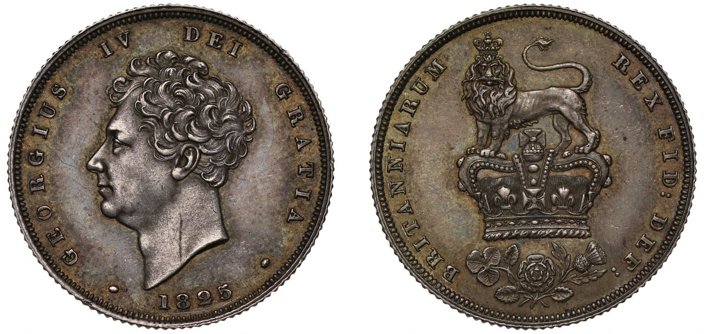 George IV 1825 pattern Shilling, lion on crown divides legend, very rare