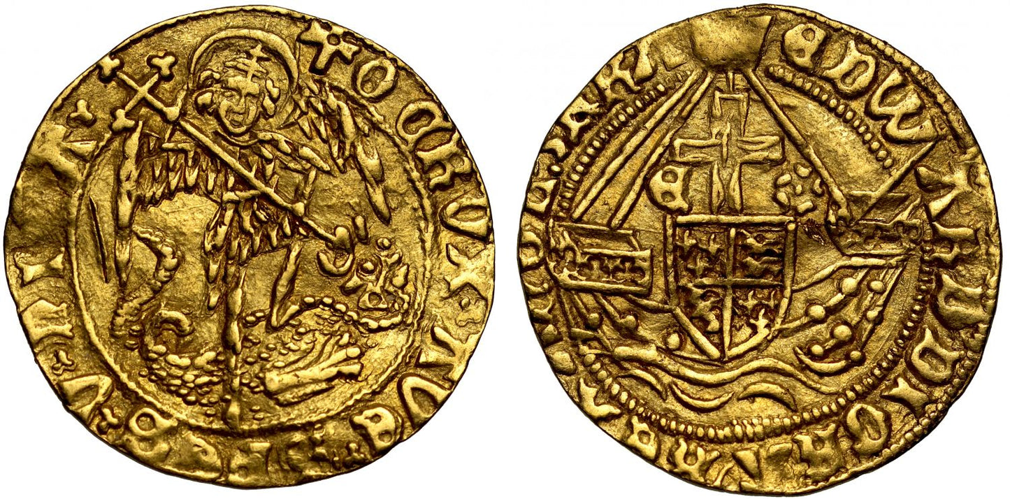 Edward IV Second Reign Half-Angel, initial issue with transposed error legends