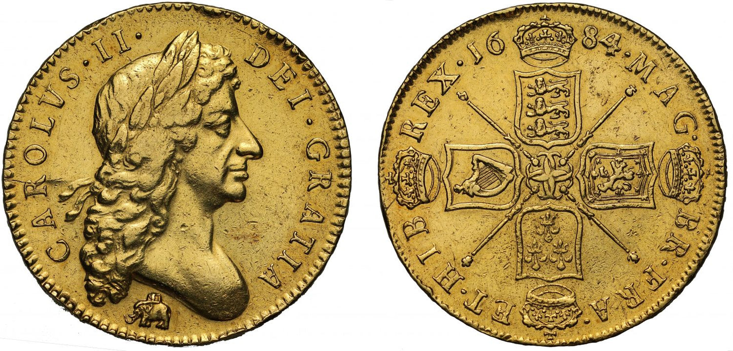 Charles II 1684 Five-Guineas 4 over 3, Elephant & Castle, second bust, final year