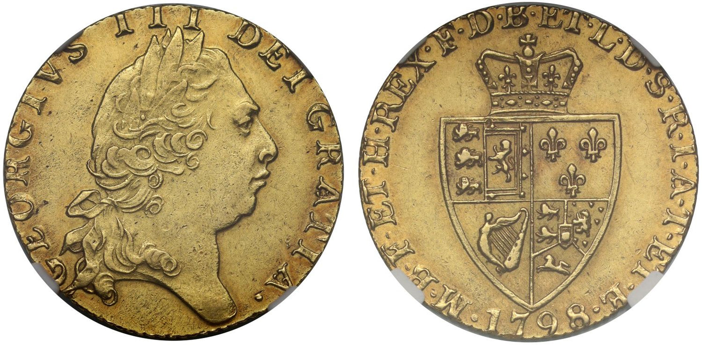 George III 1798 Guinea, AU58, fifth bust, spade reverse
