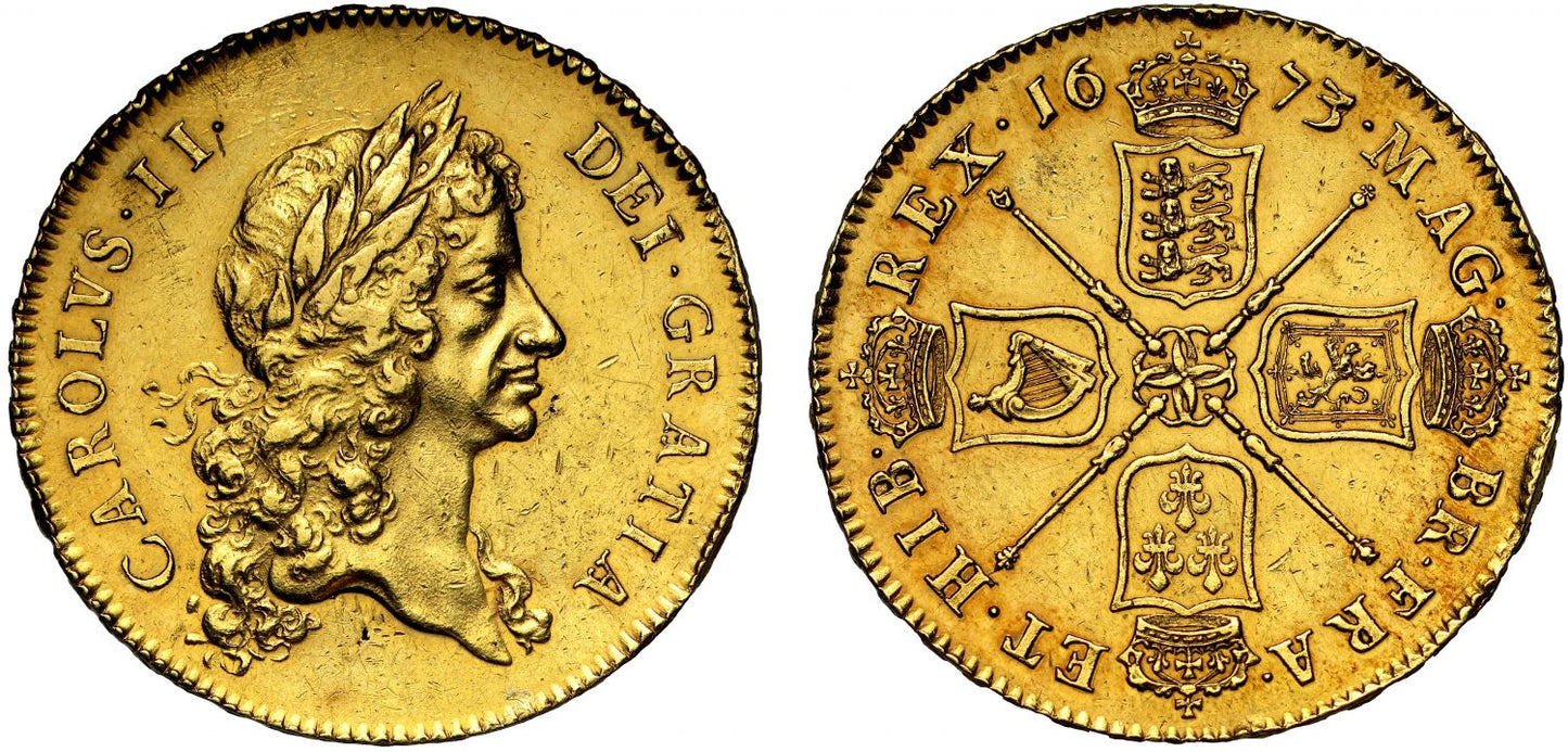 Charles II 1673 Five-Guineas, first laureate head, rare date