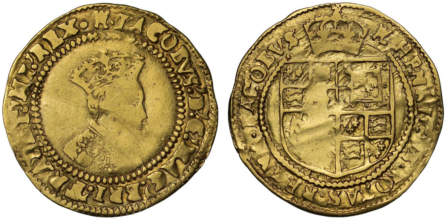 James I gold Britain Crown Second Coinage, with I and R omitted on reverse