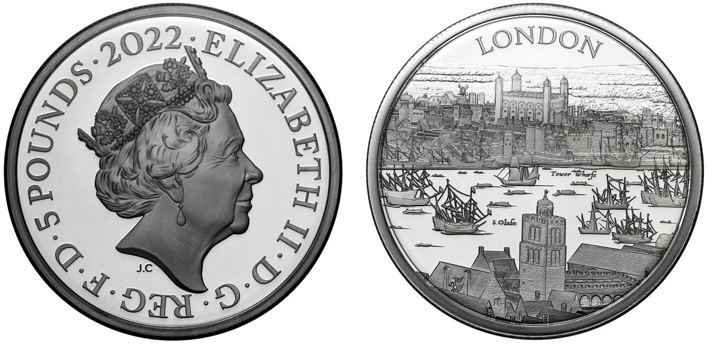 * QEII 2022 PF70 First Day silver 2oz City Views London