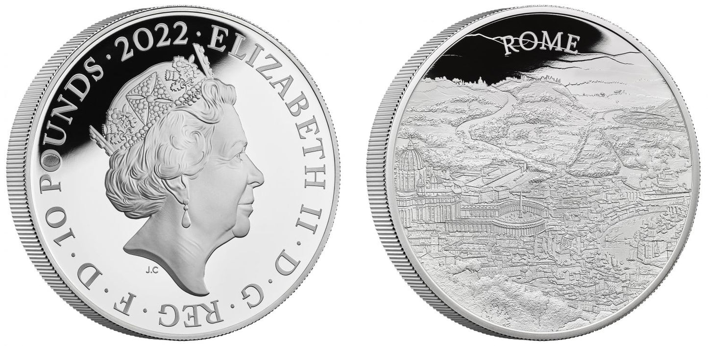 * Elizabeth II 2022 silver PF70 FDI 5 oz City Views Rome
