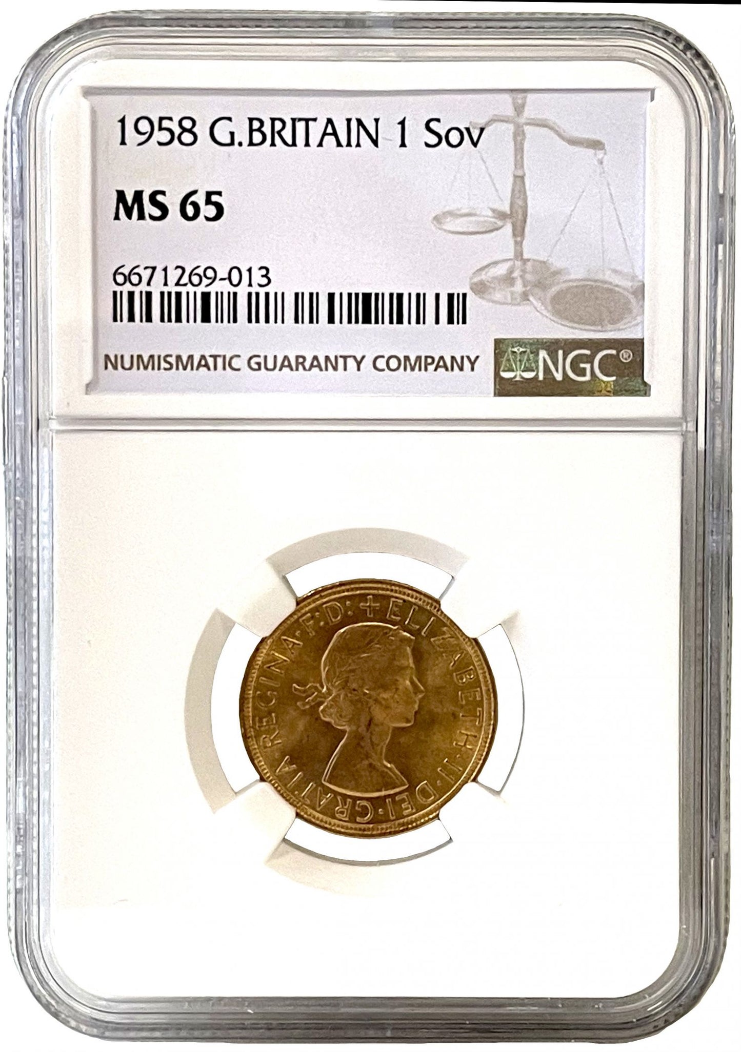 Elizabeth II 1958 Gillick Sovereign MS65, First Portrait