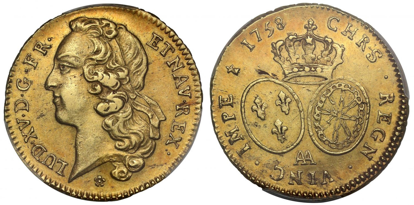 France, Louis XV 1758-AA Double Louis d'Or au bandeau AU55