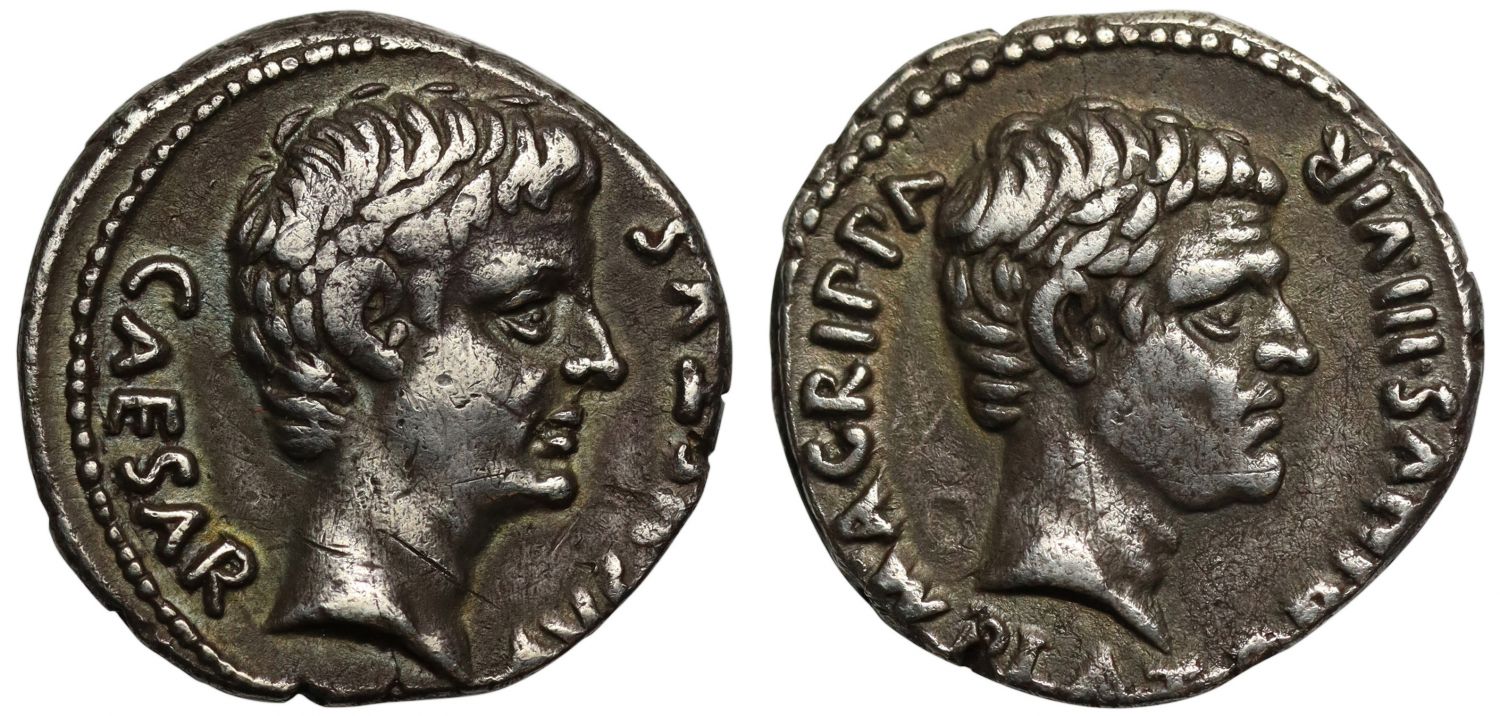 Augustus and Agrippa, Silver Denarius.