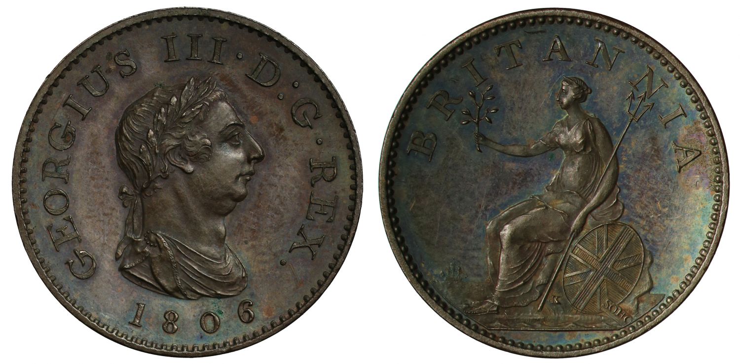 ireland george iii 1808 copper proof pattern crown -... George III 1806 copper proof Farthing, Ex Gaviller and W C Boyd Collec