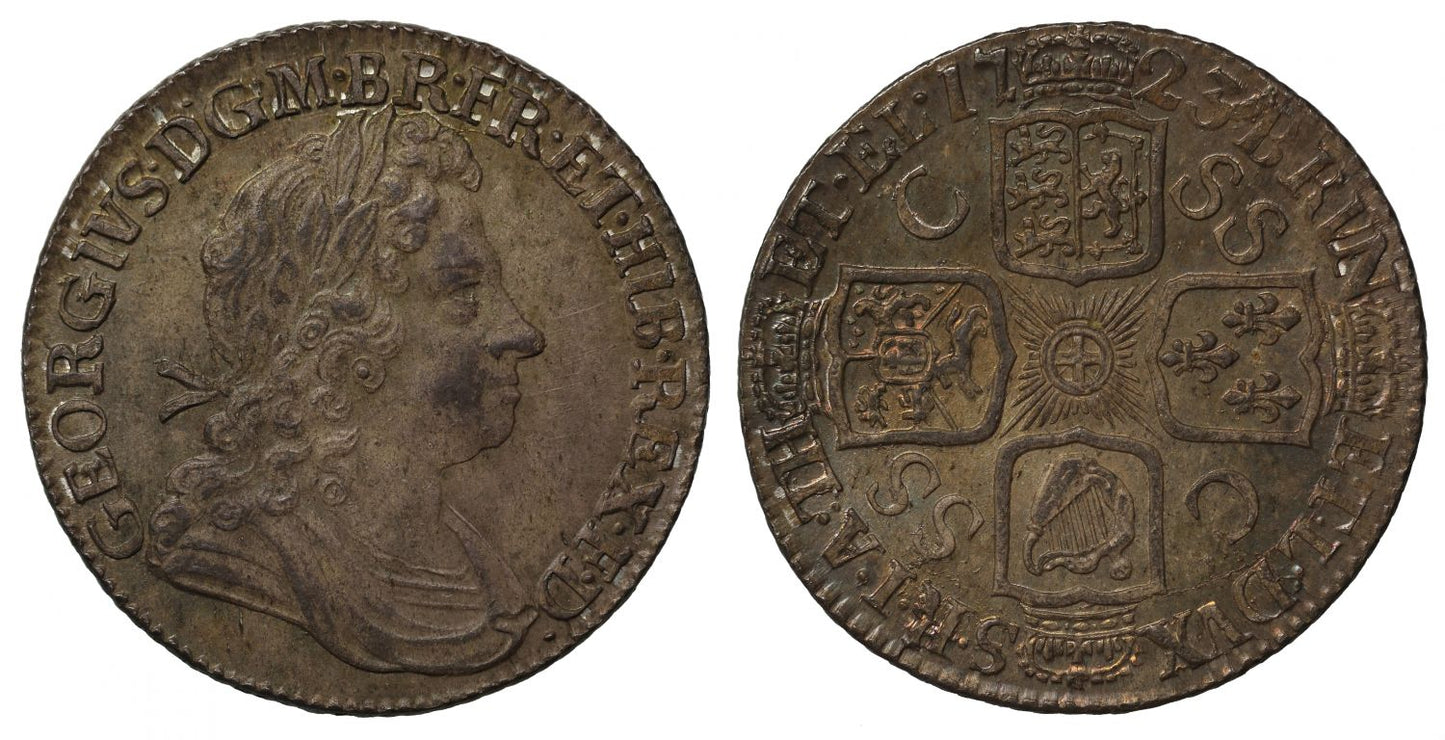 George I 1723 SSC Shilling, MS63+, C over SS