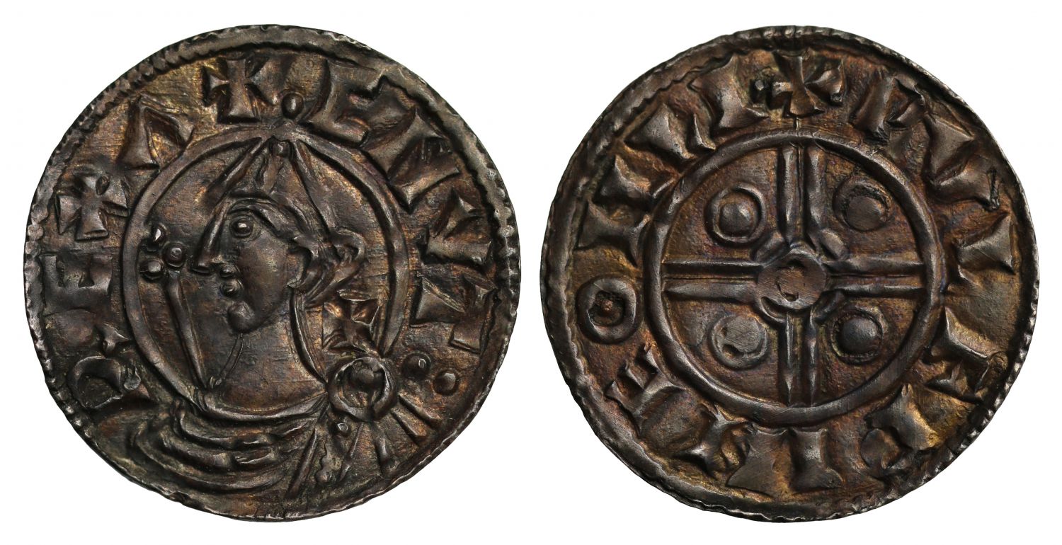 Canute Penny, Helmet type, Lincoln, Wulfwine, extra cross by neck, ex Conte