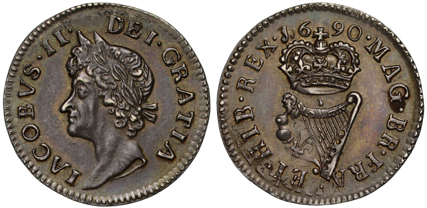 Ireland, James II 1690 silver proof Halfpenny, over France Louis XIV 1/12th-Ecu
