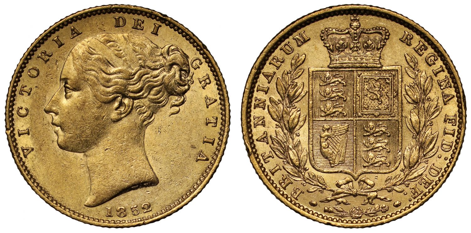 Victoria 1852 Sovereign shield reverse AU55